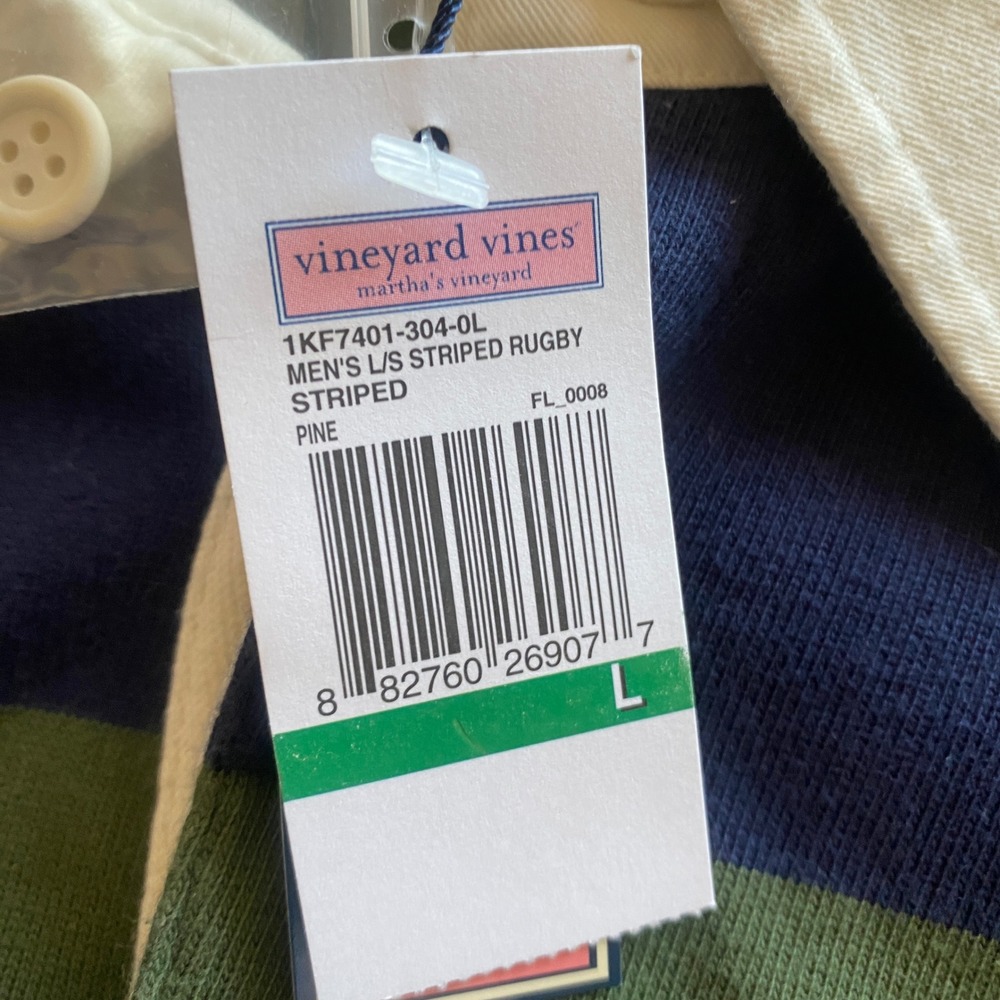 Vineyard Vines Polo Mens Large Striped Rugby Shirt Pine Green Navy Blue Preppy - Picture 5 of 7